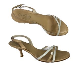 Coach Tan and White Strappy Kitten Heels with Charm